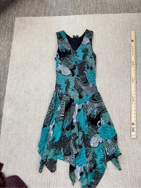 Teal Floral Asymmetrical Handkerchief Hem Dress